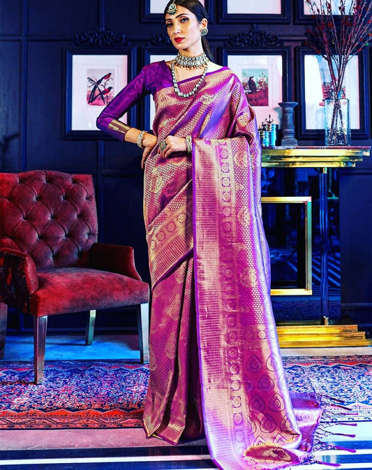 Regal Purple Banarasi Silk Saree with Gold Zari Work