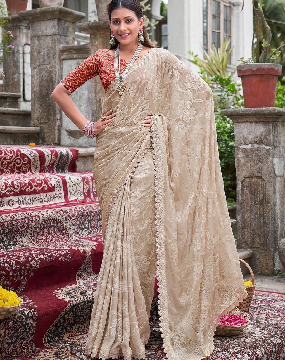 Elegant Beige Silk Saree with Intricate Embroidery