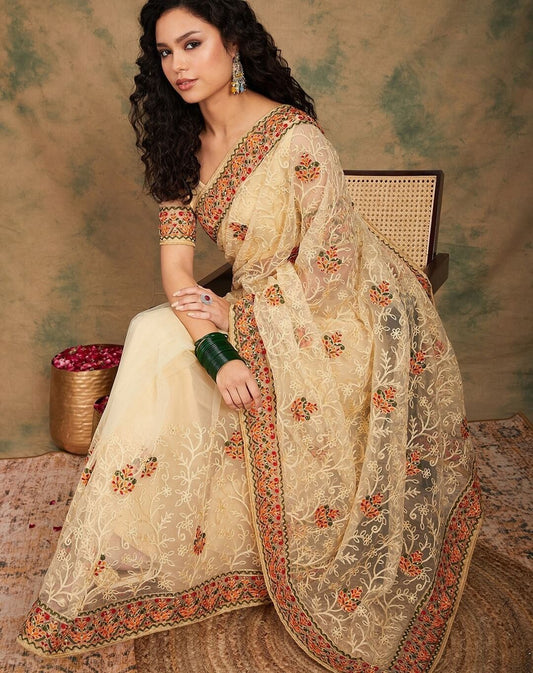 Exquisite Cream Net Saree with Colorful Floral Embroidery