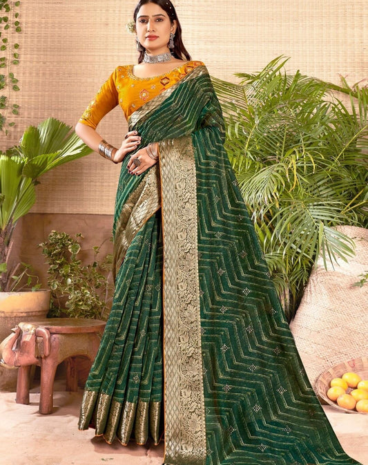 Enchanting Green and Gold Velvet Saree with Embroidered Blouse