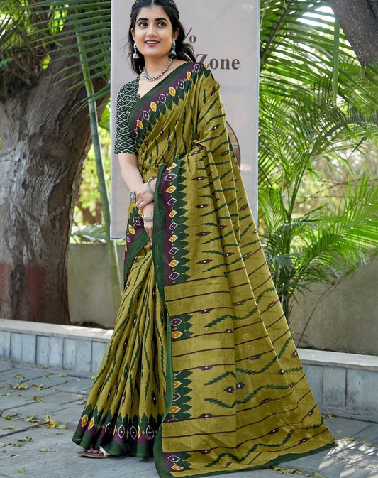 Elegant Olive Green Ikat Silk Saree with Geometric Patterns