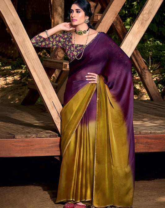 Elegant Ombre Purple and Gold Silk Saree with Floral Blouse