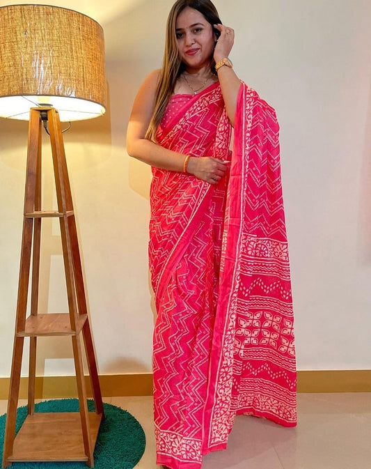 Vibrant Pink Bandhani Silk Saree with Traditional Patterns