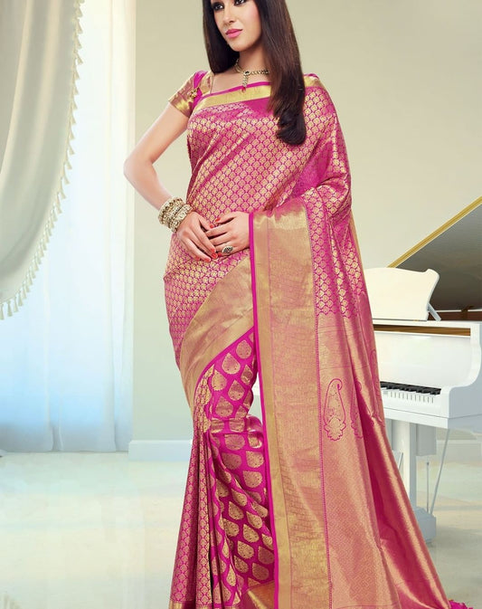 Stunning Pink and Gold Banarasi Silk Saree with Intricate Motifs