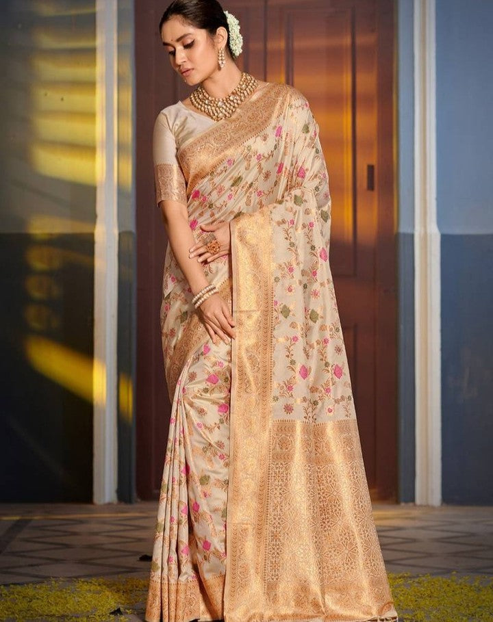 Exquisite Cream and Gold Silk Saree with Floral Motifs