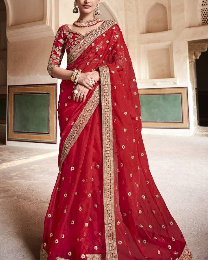 Majestic Red Net Saree with Golden Embroidery