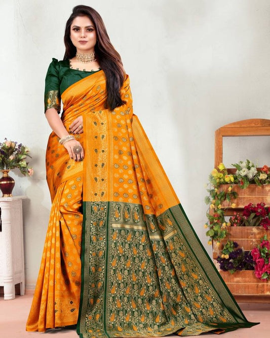 Vibrant Yellow and Green Silk Saree with Rich Pallu Design