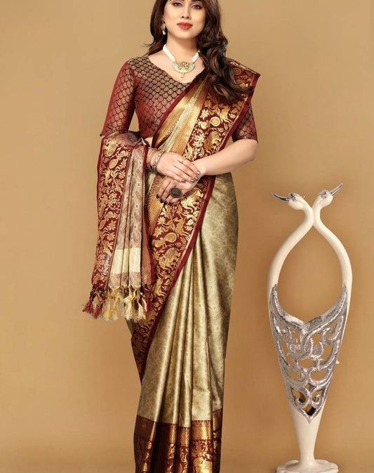 Regal Gold and Maroon Silk Saree with Rich Brocade Work