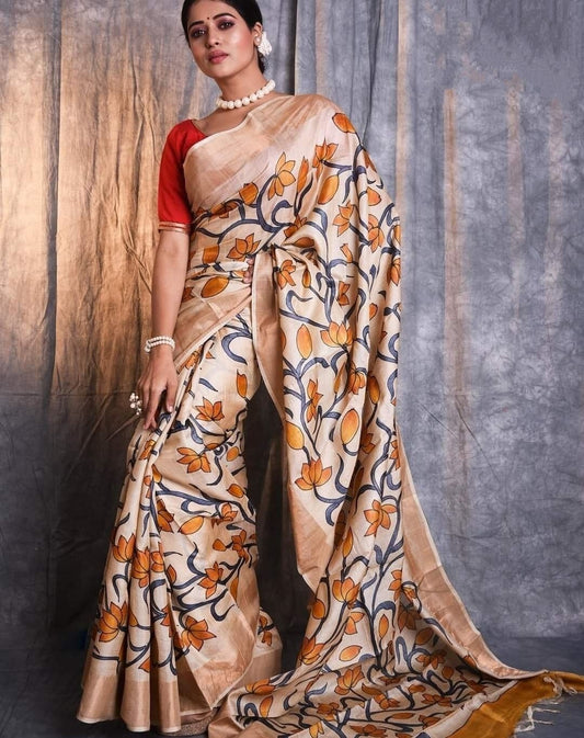 Elegant Hand-Painted Beige Silk Saree with Floral Motifs