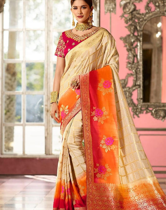 Elegant Cream and Orange Floral Silk Saree with Gold Zari Work