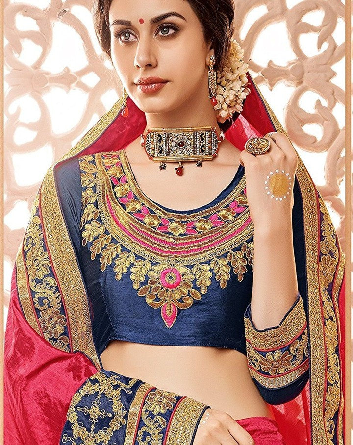 Elegant Navy Blue and Pink Embroidered Lehenga Choli Set